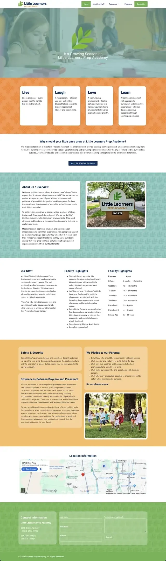 Home page of the Little Learners Prep Academy website